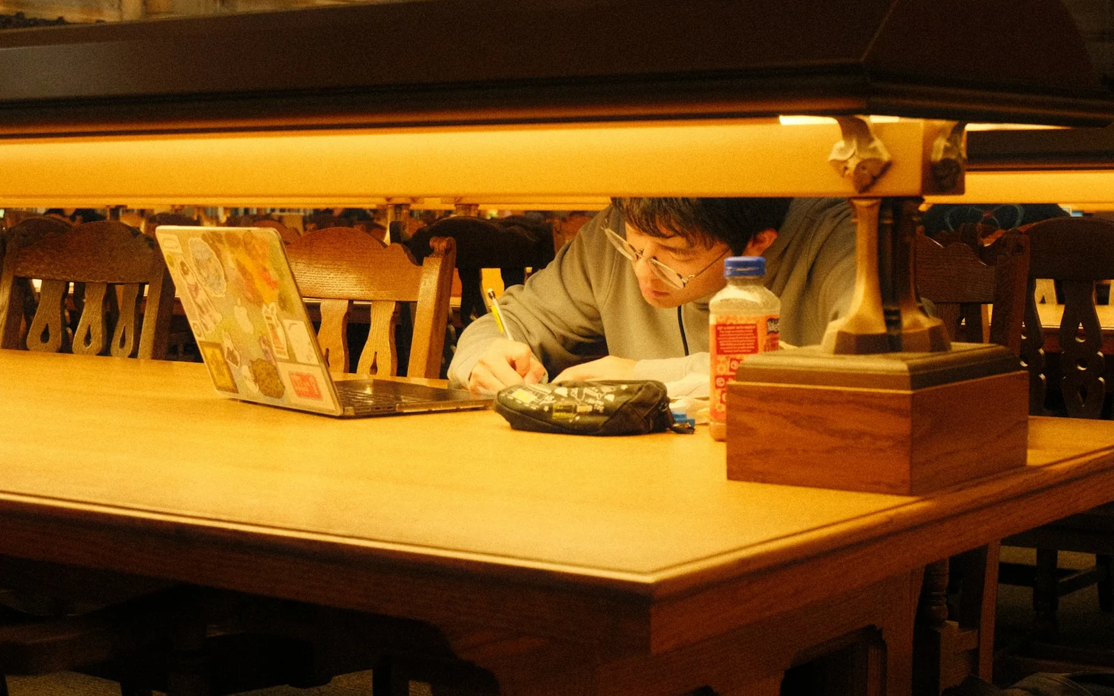 Researcher working with a laptop and notebook in a library